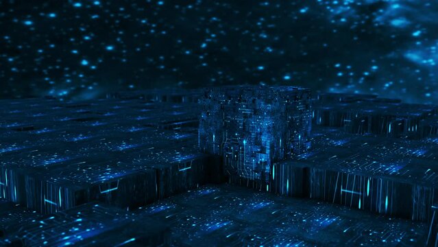 Abstract 3D visualization of many geometric dark blue grunge digital Hi technology cubic moving loop able motion design. 4K Computer animation technology background on dark tile background 
