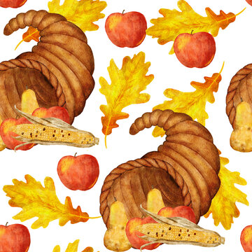Watercolor hand drawn seamless pattern with Thanksgiving cornucopia basket horn, fruits apples pears corn oak leaves. Fall autumn harvest farm cottage backgroung, organic food print.