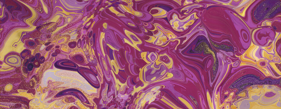 Contemporary Acrylic Pour Banner. Paint Swirls in Beautiful Purple and Yellow colors, with Gold Glitter.