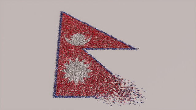 Aerial view of a Crowd of People, gathering to form the Flag of Nepal. Nepali Banner on White Background.