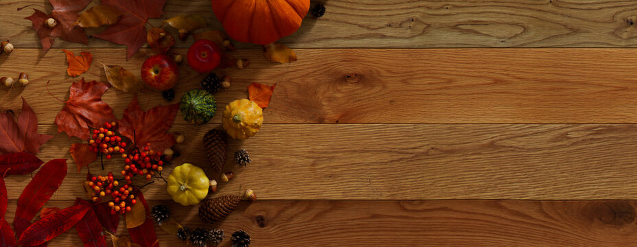 Thanksgiving Wallpaper with Fall leaves, Pumpkins and Acorns on a Natural wood Tabletop.