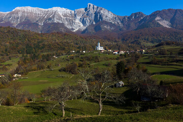 Fototapeta na wymiar Alpine Ancient Town of Dreznica under Mount Krn in Julian Alps Slovenia in Springtime