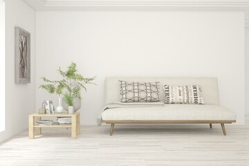 White living room with sofa. Scandinavian interior design. 3D illustration