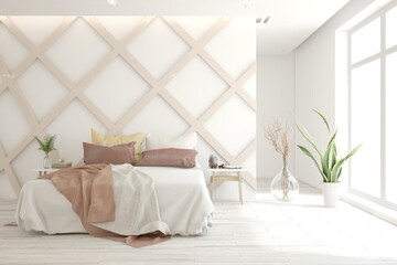 Soft color bedroom interior. Scandinavian design. 3D illustration