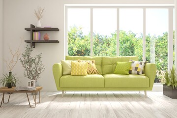 Fototapeta premium Stylish room in white color with sofa and summer landscape in window. Scandinavian interior design. 3D illustration