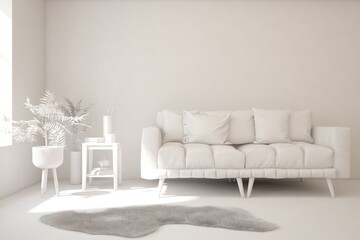 White minimalist living room with sofa. Scandinavian interior design. 3D illustration