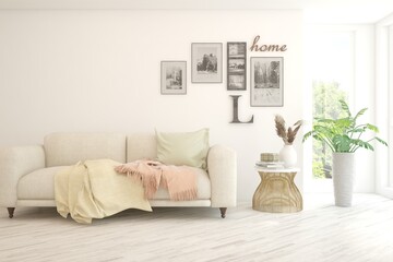 White living room with sofa. Scandinavian interior design. 3D illustration