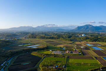 Mt Daisen and Farmlands of Tottori Early in the Morning, Rural Japan Countryside