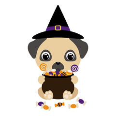 Cute Halloween dog in witch hat holding a pot with candies. Cartoon animal character for kids t-shirts, nursery decoration, baby shower, greeting card, invitation. Vector stock illustration