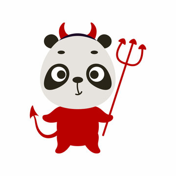 Cute little Halloween panda in a devil costume. Cartoon animal character for kids t-shirts, nursery decoration, baby shower, greeting card, invitation, house interior. Vector stock illustration
