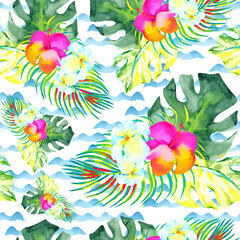 Tropical bouquet on sea waves background, seamless floral seamless pattern, watercolor texture
