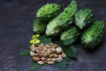 Raw Bitter melon with seed and flower