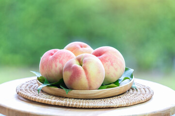 Yellow and Pink Peach fruit with leaf on blur garden background, Fresh Sweet Peach on wooden basket over natural farm background.