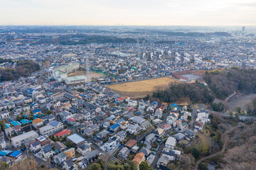 Homes, Neighborhoods and Parks of Japan. Aerial View with wide landscape