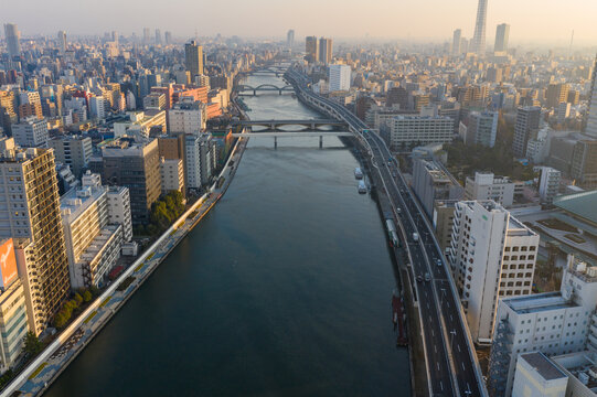 Sumida River and Asakusa Urban Neighborhood in Tokyo Japan