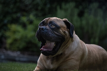 2022-07-14 A LARGE BULLMASTIFF LYING ON GRASS WITH A FUNNY EXPRESSION WITH WIDE EYES AND HER MOUTH OPEN AND A BLURRY BACKGROUND