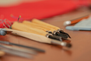 Set of tools in a musical instrument repair workshop