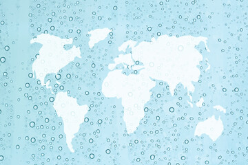 World map on window with water drops, Rain drops on white world map on glass background, Earth and water concept