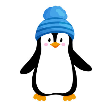 Vector illustration of cute little penguin in blue hat isolated on white. Animal winter clipart in flat style.