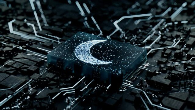 Night mode Technology Concept with moon symbol on a Microchip. White Neon Data flows from the CPU across a Futuristic Motherboard. Seamless Loop.