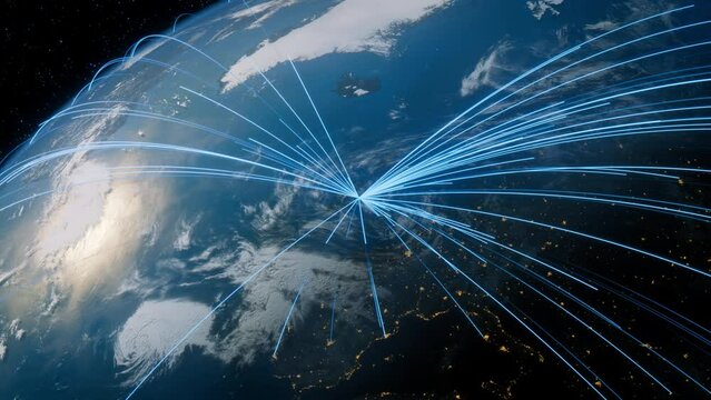 Earth in Space. Blue Lines connect Dublin, Ireland with Cities across the World. International Travel or Networking Concept.