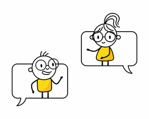 Man and woman are looks out of chat bubbles and talking to each other. Communication and social media concept. Vector stock illustration