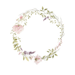 Fototapeta na wymiar Watercolor floral wreath. Hand painted frame of greenery, wildflowers, herbs. Green leaves, field flowers isolated on white background. Botanical illustration for design, print or background