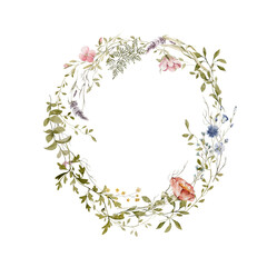 Watercolor floral wreath. Hand painted frame of greenery, wildflowers, herbs. Green leaves, field flowers isolated on white background. Botanical illustration for design, print or background
