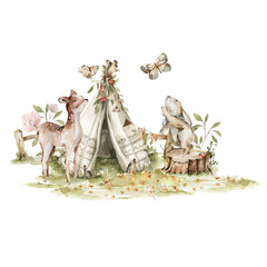 Watercolor nursery woodland composition with character. Hand painted cute baby animals in wild, forest summer landscape, tree, deer, fawn, bunny, tent. illustration for baby shower, kids print © 60seconds