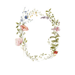 Watercolor floral wreath. Hand painted frame of greenery, wildflowers, herbs. Green leaves, field flowers isolated on white background. Botanical illustration for design, print or background - obrazy, fototapety, plakaty