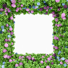 3d render, horizontal floral frame Hydrangea flower with copy space. Abstract flowers isolated on white background. Use for design cards, banner, layout and etc.