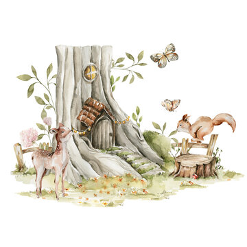 Watercolor nursery woodland composition with character. Hand painted cute baby animals in wild, forest summer landscape, tree, squirrel, fawn, deer, house, home. Iillustration for baby shower design