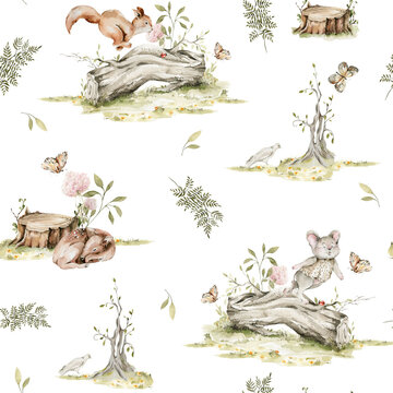 Fototapeta Watercolor nursery seamless pattern. Hand painted woodland cute baby animals in wild, forest summer landscape, deer, fawn, mouse. illustration for baby wallpaper, wall art decor, fabric