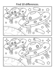UFO ships in Earth orbit. Find 10 differences picture puzzle and coloring page. Black and white.
