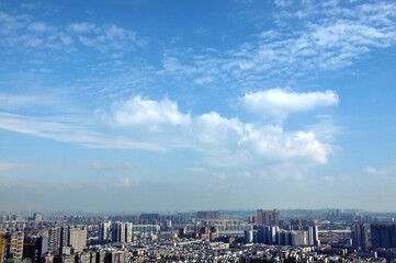 aerial view of city in sunlight