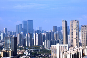 aerial view of city in sunlight