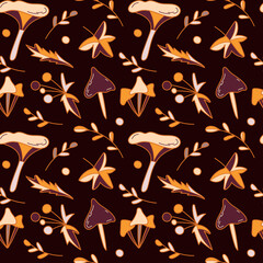 Hand drawn mushrooms and autumn leaves on a dark background. Seamless vector pattern in doodle style. Design for fabric, textile, scrapbooking. Orange, beige and brown colors