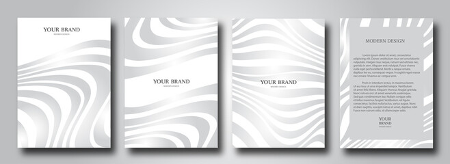 Modern silver cover design set. Abstract wavy line pattern (curves) in monochrome. Creative stripe vector collection for business background page, brochure template, booklet, vertical flyer