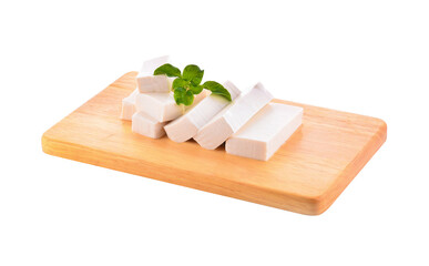 tofu on chopping board isolated on white background