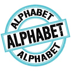 ALPHABET text on blue-black round stamp sign