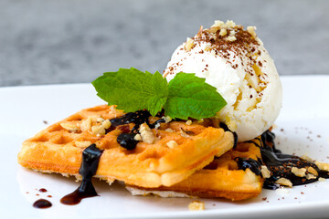ice cream with waffles, fresh mint leaves, chocolate chips, topping and nuts