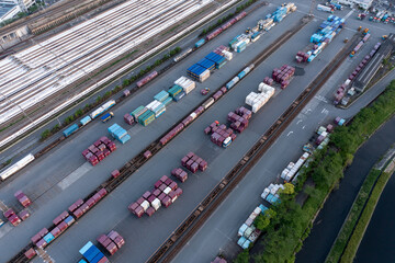 Shipping Containers at Train Station in Japan, Aerial View