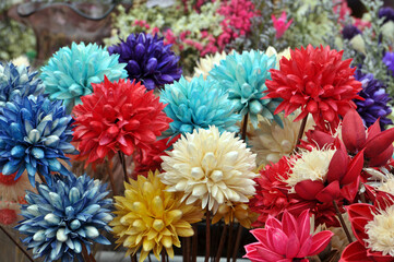 A lot of beautiful Bouquets Of chrysanthemum flowers Wrapped In newspaper in the flower market 