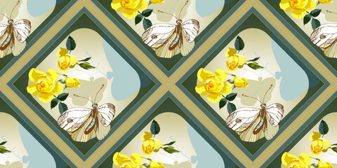 Floral seamless pattern for design textiles, scarf, shawl, headscarf, fabric, wrapping paper, vector illustration Yellow the Rose flower with white butterfly on golden gradient background 
