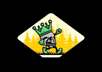 Walking skull illustration wearing a big crown