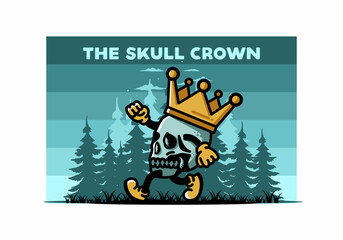 Walking skull illustration wearing a big crown