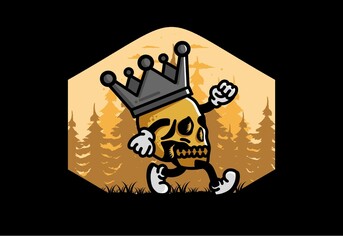 Walking skull illustration wearing a big crown
