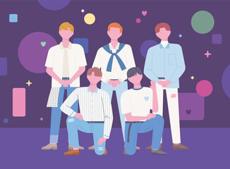 Korean K-pop boy groups are standing on stage in an ending pose. flat design style vector illustration. - obrazy, fototapety, plakaty