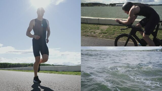 Triathlon activity, split screen video of a professional athlete, a man running, swimming and riding a bicycle, endurance and self-improvement.