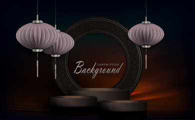Dark design with a round frame, lanterns on pendants in the style of paper art